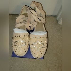 Stuart Weitzman Women's Size 10.5 Beige Studded Espadrille Flats